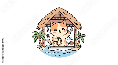 Cute Cat Waving from Tropical Beach Hut