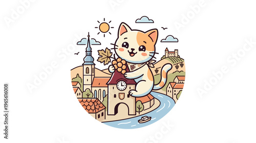 Charming Cat Enjoying a Scenic Townscape