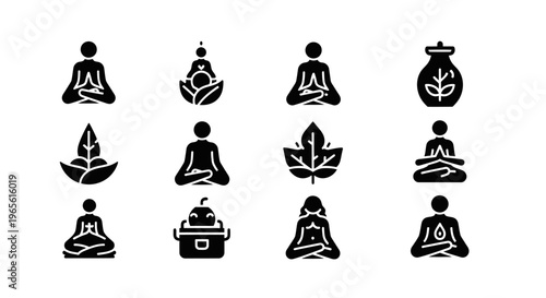 Yoga Meditation Icons Set, Black Glyph Style, Wellness and Health