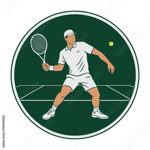 Vector of a male tennis player hitting a ball with a racket on a green court