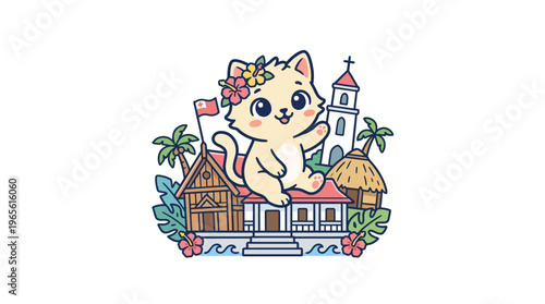 Cute Cat Character in Tonga with Traditional Structures