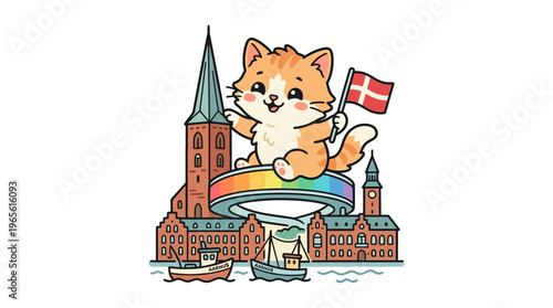 Cute Cat With Danish Flag and Copenhagen Skyline