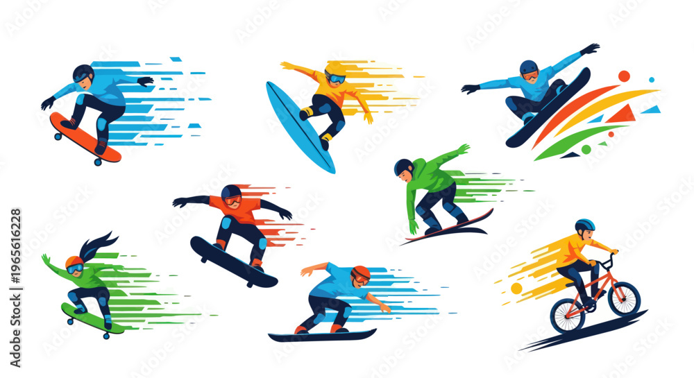 Fototapeta premium Dynamic Action Sports Vector Art: Skateboarder, Snowboarder, BMX Rider