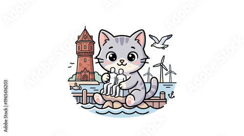 Cute Cartoon Cat Embracing Sculpture in Coastal Setting