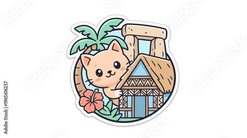 Cute Cat Peeking from Tropical Scene