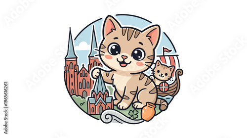 Cute Cat With City Landscape and Viking Ship
