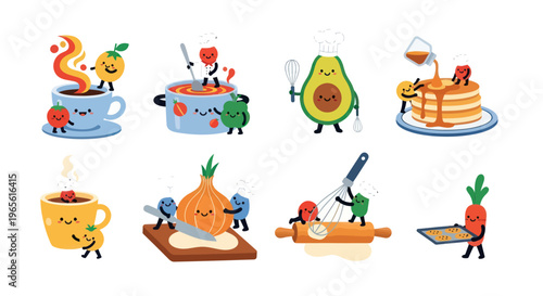 Cute food characters cooking and baking, flat vector illustration