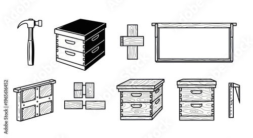 Beehive Components and Tools - Black and White Line Art