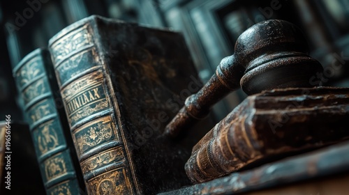 Wooden gavel striking old law books in a library, representing justice, rulings, and laws