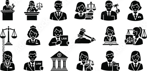 Legal icons collection: judge, lawyer, scales, gavel, law book, courthouse, scales of justice, law firm