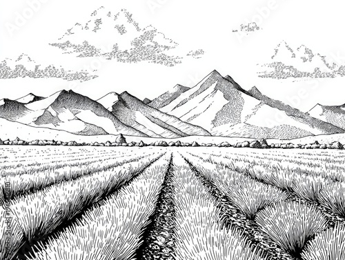 Ink drawing depicts a field of plants leading to mountains under a cloudy sky