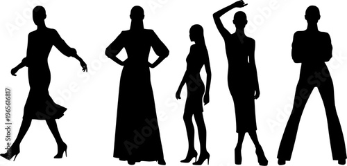Fashion Silhouette Collection Of Elegant Women Wearing Various Stylish Outfits Including Gowns Trousers And Heels