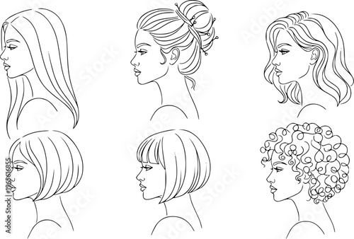 Hair Style Variations Of Different Women Showcased In A Minimalist Black And White Line Art Illustration