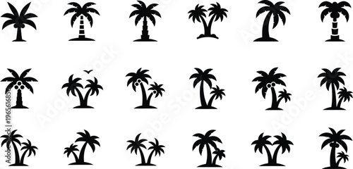 Palm tree icons silhouette set: tropical vacation, beach, summer, island vibes
