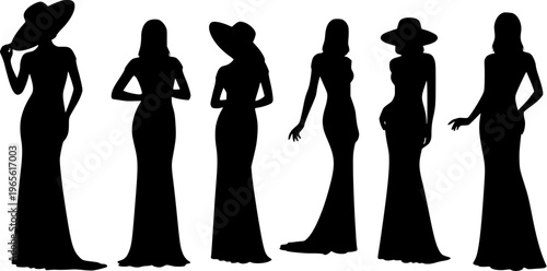 fashion silhouette collection featuring elegant women in evening gowns and stylish sun hats vector