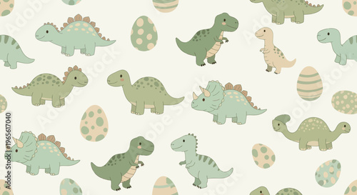 Cute Cartoon Dinosaurs and Eggs Seamless Pattern, Flat Style