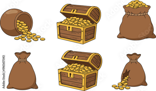 Gold treasure chest and coin sacks set featuring overflowing wooden chests and spilled gold coins flat vector