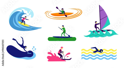 Water Sports Vector Icons: Surfing, Kayaking, Windsurfing, Swimming, Paddleboarding, Diving, Jet Skiing