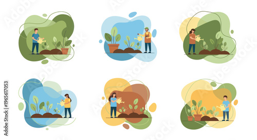Flat vector illustration of people gardening, watering plants
