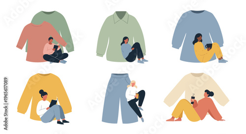 Flat illustration of diverse people relaxing in cozy oversized sweaters and pants