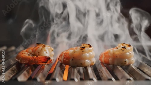 Close up view of grilled shrimp on fire, cooking on a barbecue grill with flames rising in slow motion.