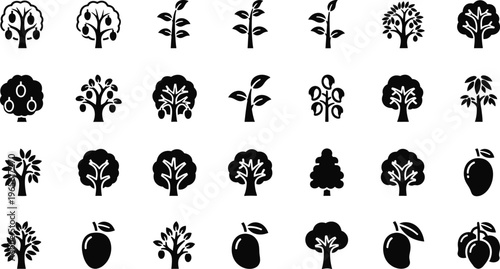 Black and white icons of trees and plants, nature symbols, organic shapes, white background, tree icon