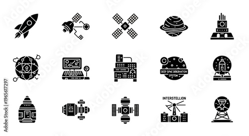 Space icons and technology symbols.