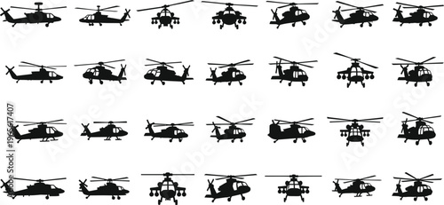 Collection of helicopter silhouettes, military and civilian aircraft icons, air force, white background