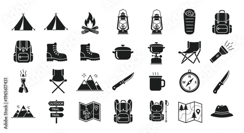Camping and Hiking Gear Icons - Black and White Glyph Set