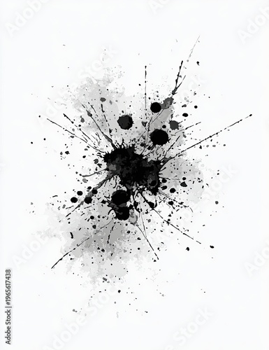 Ink splatter abstract art, dark shades, black and white, dynamic bursts on paper