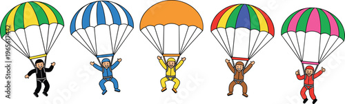 Happy diverse skydivers parachuting in colorful jumpsuits and striped parachutes flat vector character set