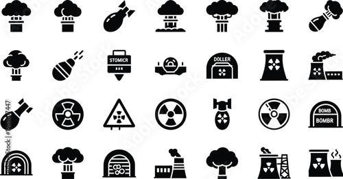 Nuclear power and bomb icons, radiation symbols, energy and warfare graphics, mushroom cloud, white background