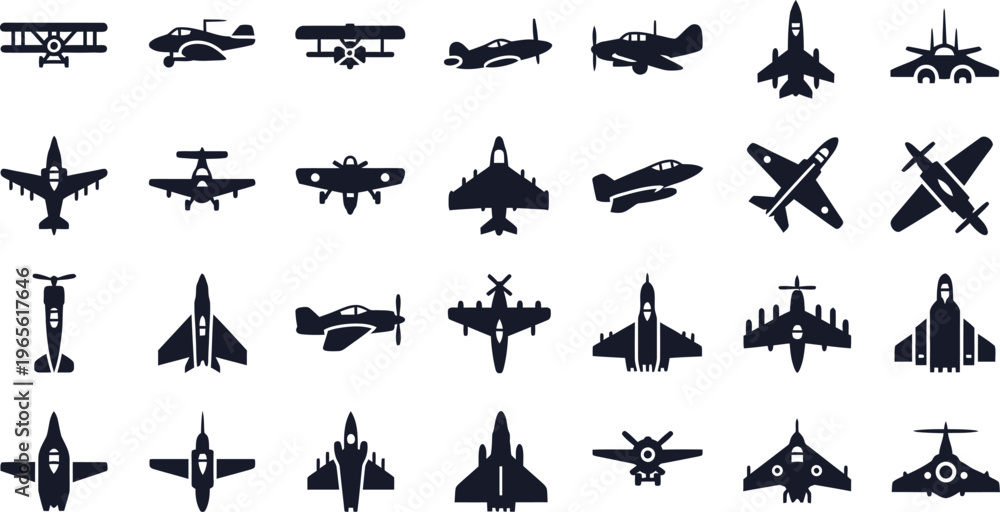Fototapeta premium Diverse airplane silhouettes, aircraft icons for aviation and travel, fighter jet, white background