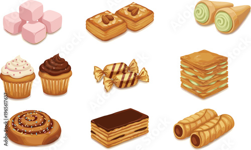 Gourmet dessert and pastry collection featuring cupcakes baklava cinnamon rolls and wafers flat vector set