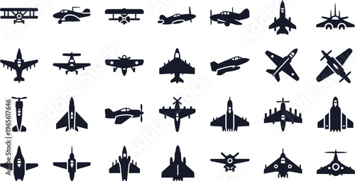 Diverse airplane silhouettes, aircraft icons for aviation and travel, fighter jet, white background