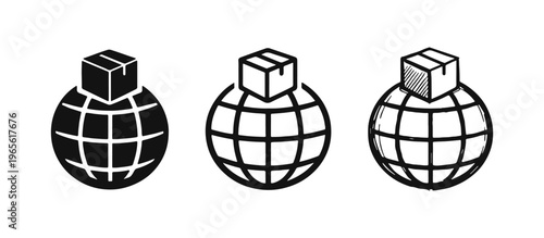 Global shipping and worldwide delivery icons set. Globe with package symbols in solid, outline and doodle style.