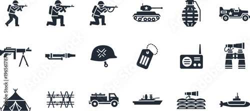 Army and military icons set with soldier, vehicle, and weapon silhouettes vector illustration, dog tag