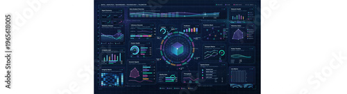 Futuristic data analysis dashboard with telemetry panels, network health charts, predictive metrics, latency radar, and neon monitoring widgets in a dark sci-fi interface.