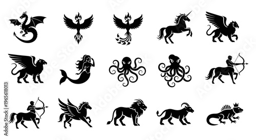 Zodiac signs in black silhouette.