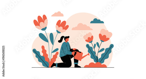 Flat illustration of person watering flowers, gardening, nature