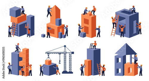 Construction isometric building process teamwork vector illustration