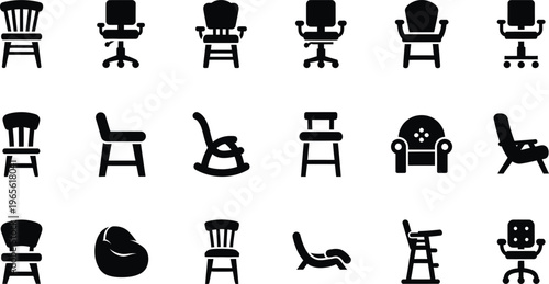 Chair furniture icons set. various seating silhouettes for home and office vector collection with rocking chai