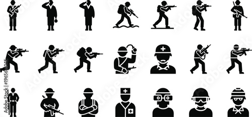 Military and medical personnel icons set. soldiers, doctors, and first responders silhouettes, first aid