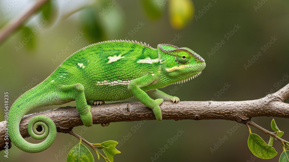 Fototapeta premium A green chameleon on a tree branch against a soft tropical background. Banner with copy space ideal for wildlife, nature and educational concept.