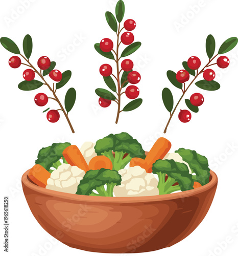 Healthy vegetable bowl with broccoli cauliflower and carrots plus red berry sprigs flat vector