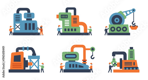 Flat Vector Icons of Industrial Machinery and Workers