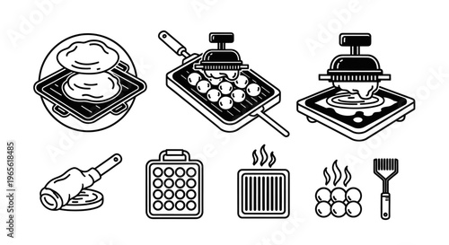 Black and White Line Art Icons of Cooking Appliances and Food