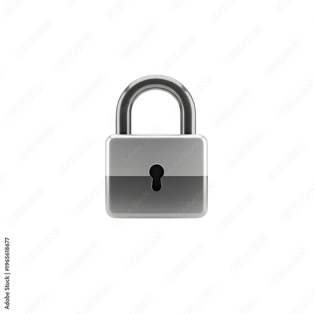 Naklejka premium Metallic silver padlock icon, polished chrome security lock with keyhole, 3D rendered safety symbol for data protection and privacy isolated on White Background