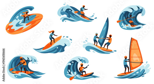 Flat illustration of diverse people enjoying watersports like surfing and windsurfing