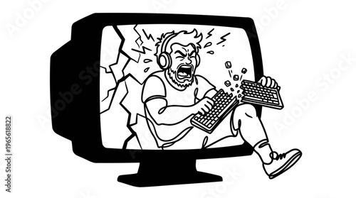 Minimalist Broken Monitor with Rage Gamer Cartoon Line Art, Monochrome Vector Illustration of Gaming Rage Quit